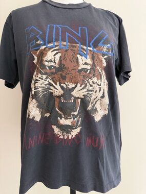 Anine Bing Black Tiger Graphic Short Sleeve Tee with Blue Logo